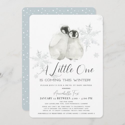 Penguin Winter Snowflake Blue Drive_by Baby Shower Invitation