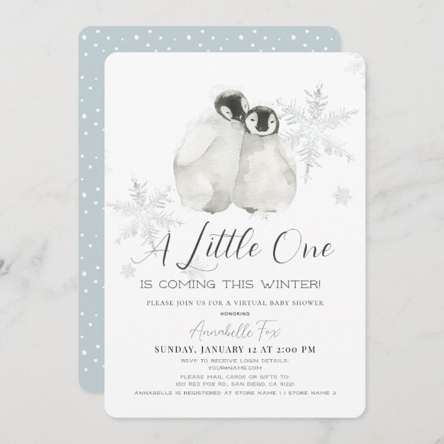 Penguin Winter Snowflake Blue Virtual Baby Shower Invitation (Front/Back)