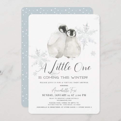 Penguin Winter Snowflake Blue Virtual Baby Shower Invitation