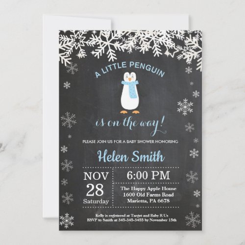 Penguin Winter Snowflake Boy Baby Shower Invitation