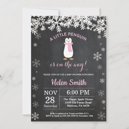 Penguin Winter Snowflake Girl Baby Shower Invitation