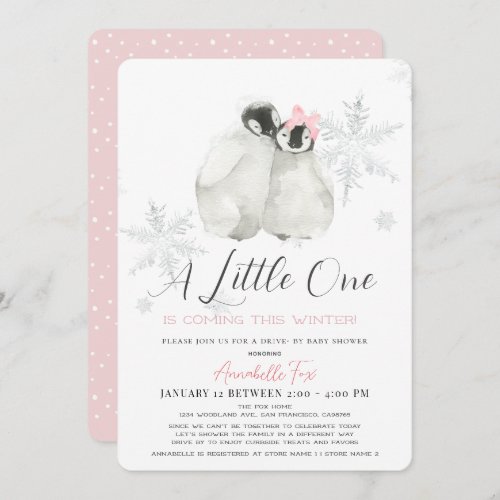 Penguin Winter Snowflake Pink Drive_by Baby Shower Invitation