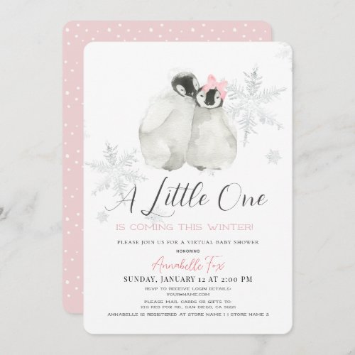 Penguin Winter Snowflake Pink Virtual Baby Shower Invitation