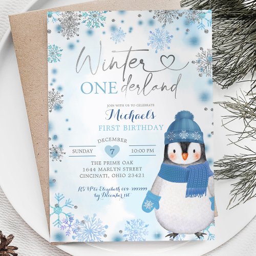 Penguin Winter Snowflakes Onederland Birthday Invitation