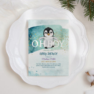 Penguin Winter Theme Cute Baby Boy Shower Invitation