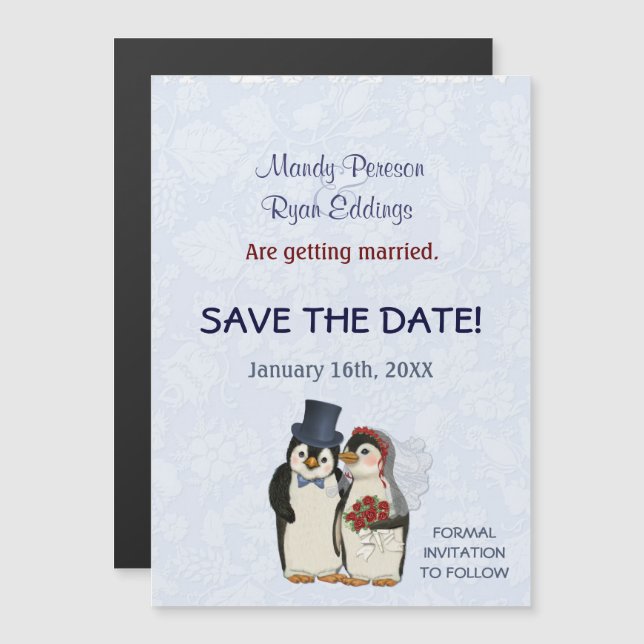 Penguin Winter Wedding Magnetic Save The Date Magnetic Invitation (Front/Back)