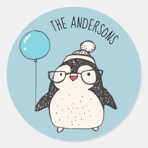 Penguin with a Balloon Cute Blue Envelope Seals