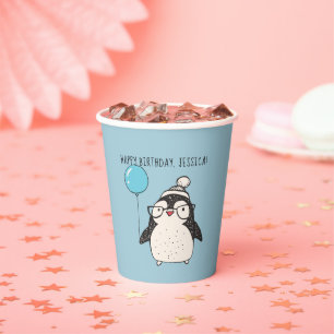Penguin with a Balloon Personalized Birthday Paper Cups