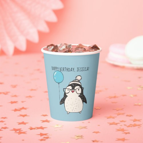 Penguin with a Balloon Personalized Birthday Paper Paper Cups