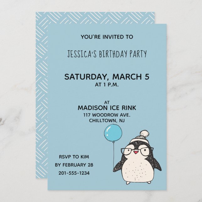 Penguin with a Balloon Personalized Birthday Party Invitation (Front/Back)