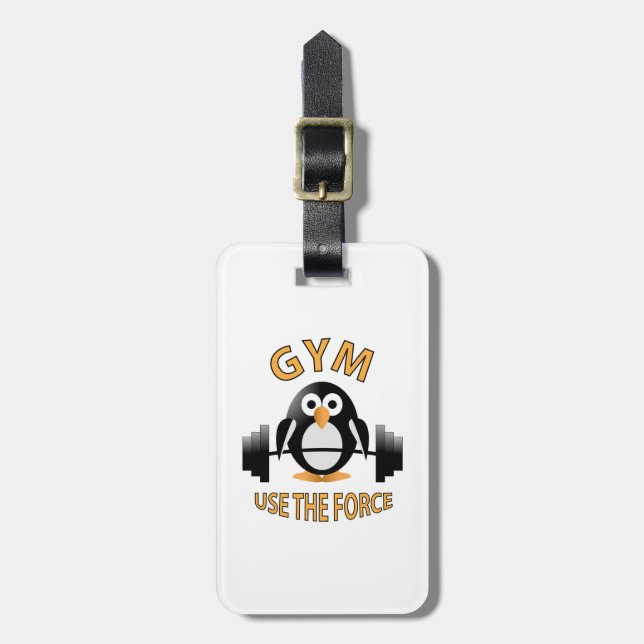 Penguin with a barbell luggage tag (Front Vertical)