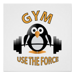 Penguin with a barbell poster