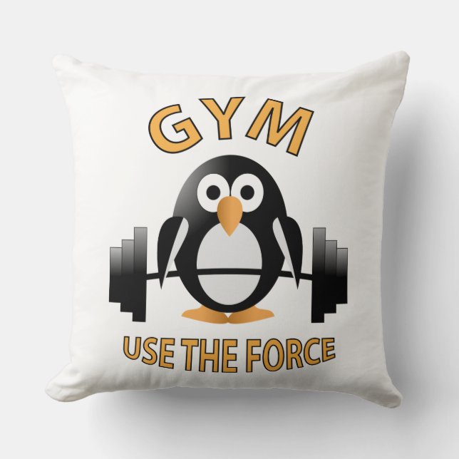 Penguin with a barbell throw pillow (Front)