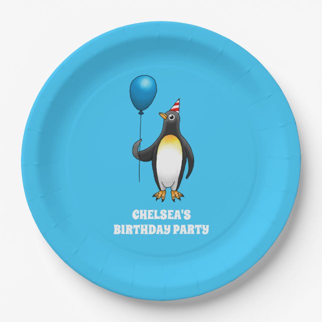 Penguin with a blue balloon paper plates (Front)