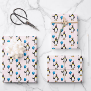 Penguin with a blue balloon wrapping paper sheets