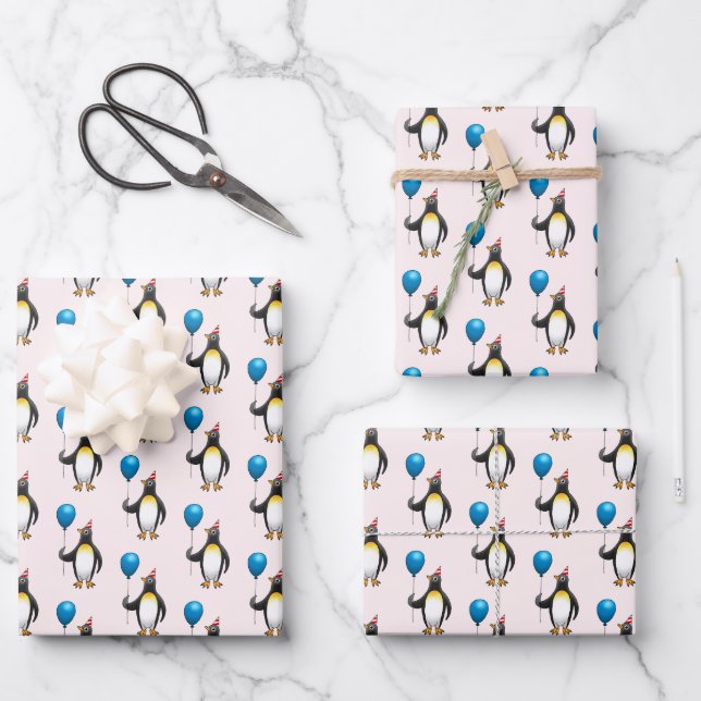 Penguin with a blue balloon wrapping paper sheets (Front)