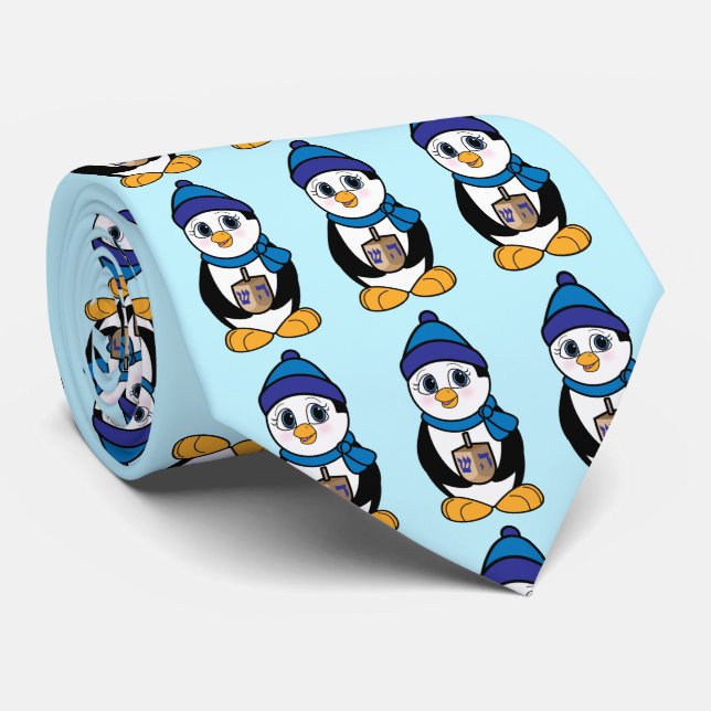 Penguin with a Dreidel at Hanukkah Neck Tie (Rolled)