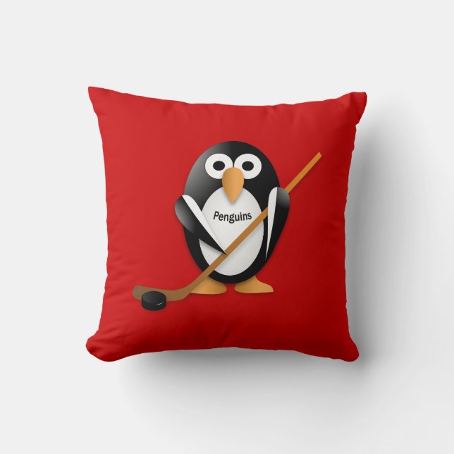 Penguin with a hockey stick throw pillow (Front)