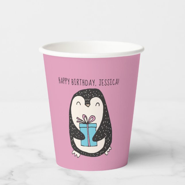 Penguin with a Present Personalized Birthday Paper Paper Cups (Front)