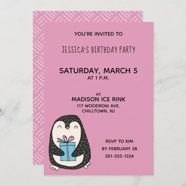 Penguin with a Present Personalized Birthday Party Invitation (Front/Back)