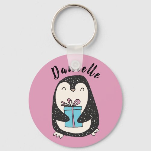 Penguin with a Present Personalized PInk Keychain