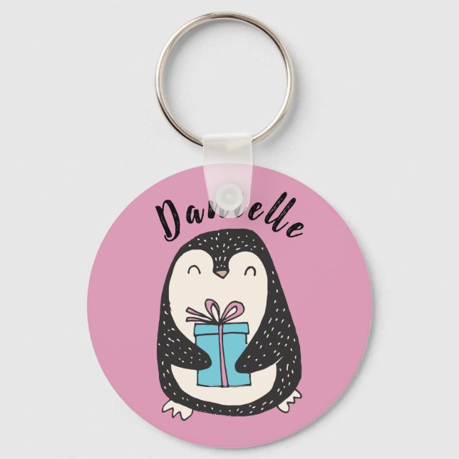 Penguin with a Present Personalized PInk Keychain (Front)