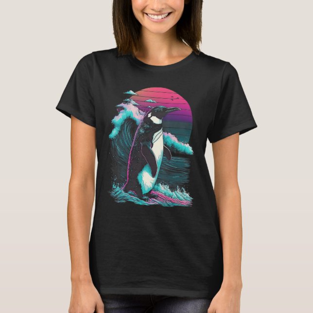 Penguin with a Retro Twist Sunset Vaporwave Aesthe T-Shirt (Front)