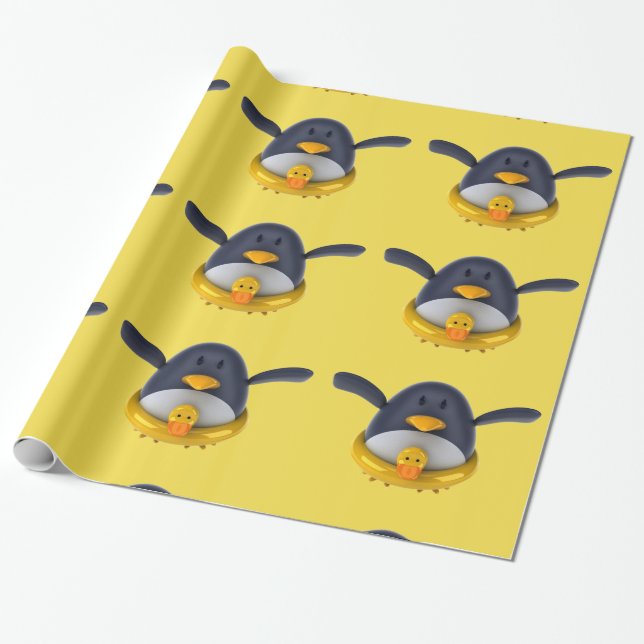 Penguin With A Rubber Duck Glossy Wrapping Paper (Unrolled)