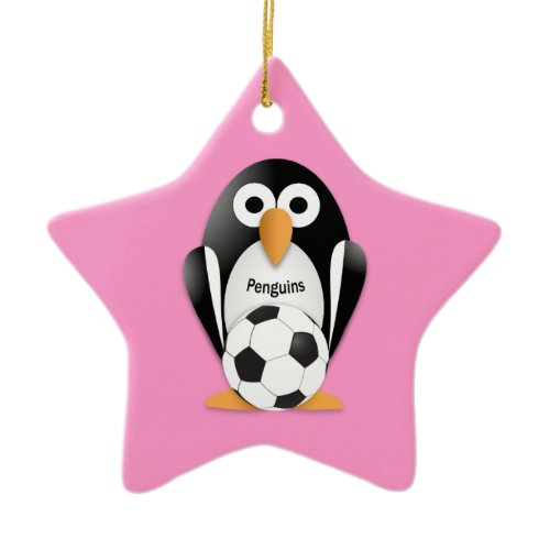 Penguin with a soccer ball ceramic ornament