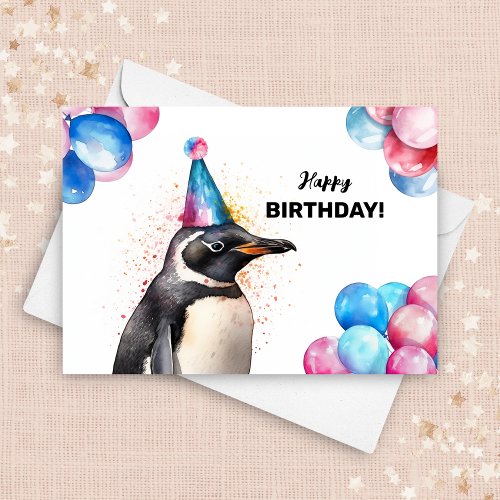 Penguin with Balloons and Party Hat Bird Birthday Card