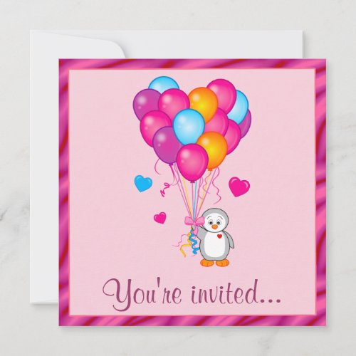 Penguin with Balloons Birthday Party Custom Invitation