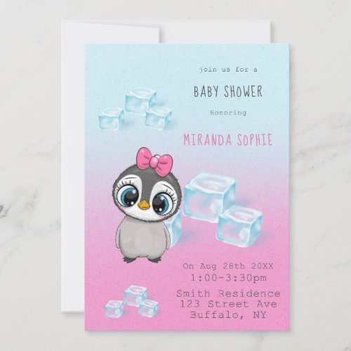 Penguin with Big Eyes Pink Girl Baby Shower  Invitation