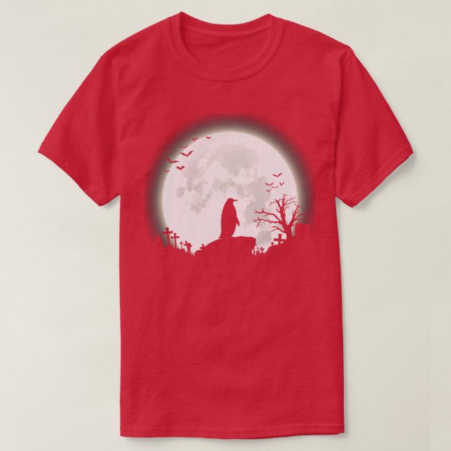 Penguin with big moon halloween background T-Shirt (Design Front)
