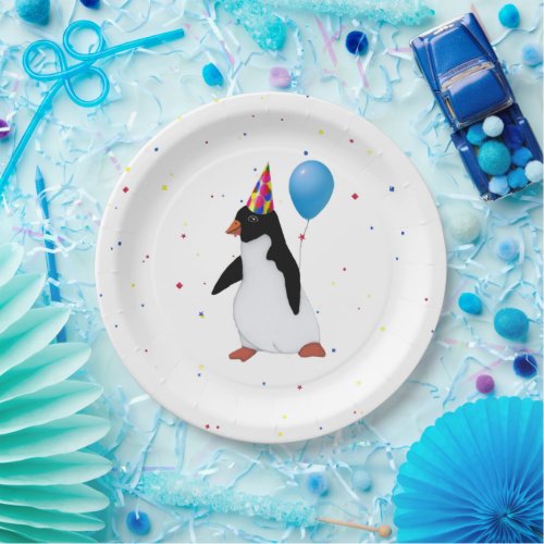 Penguin With Blue Balloon Birthday Paper Plates