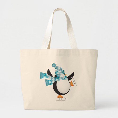 Penguin with Blue Hat Ice Skating Illustration Large Tote Bag