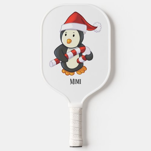 Penguin with Candy Cane Santa Hat Christmas Art Pickleball Paddle