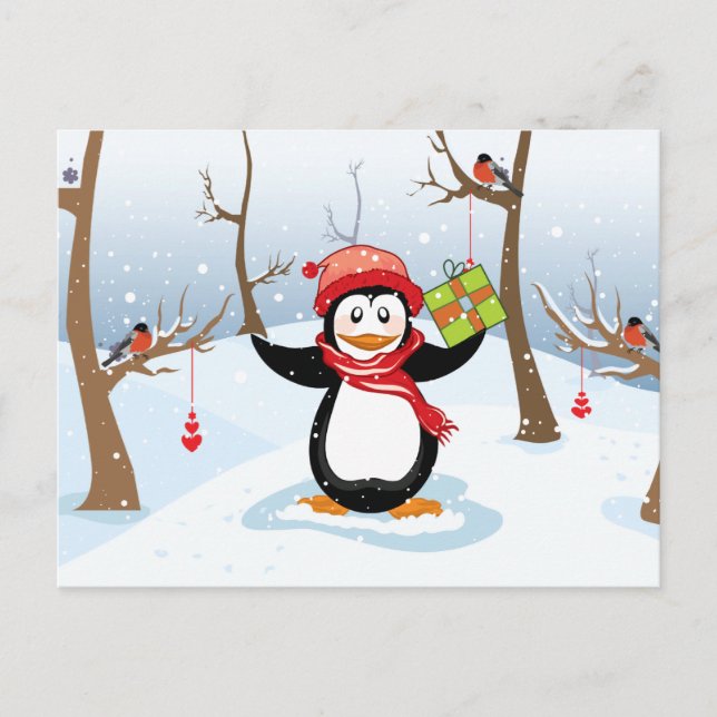 Penguin with Christmas gift winter landscape Holiday Postcard (Front)