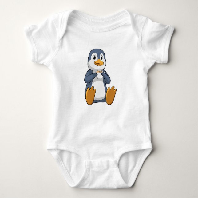 Penguin with Coffee Cup Baby Bodysuit (Front)