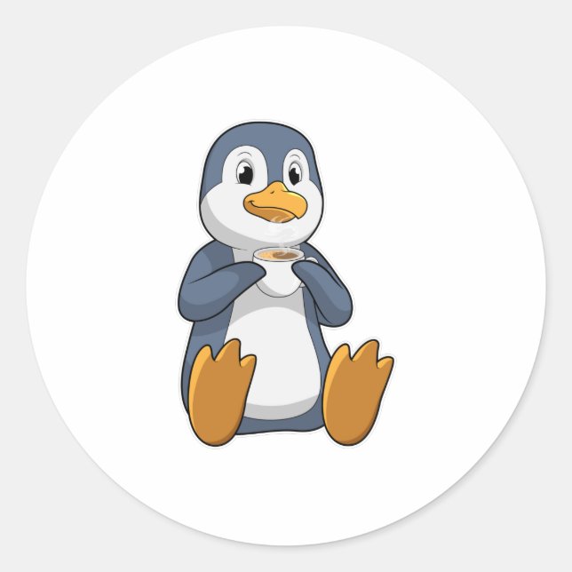 Penguin with Coffee Cup Classic Round Sticker (Front)