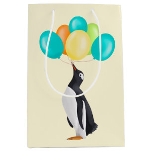 Penguin With Colorful Balloons Birthday Medium Gift Bag