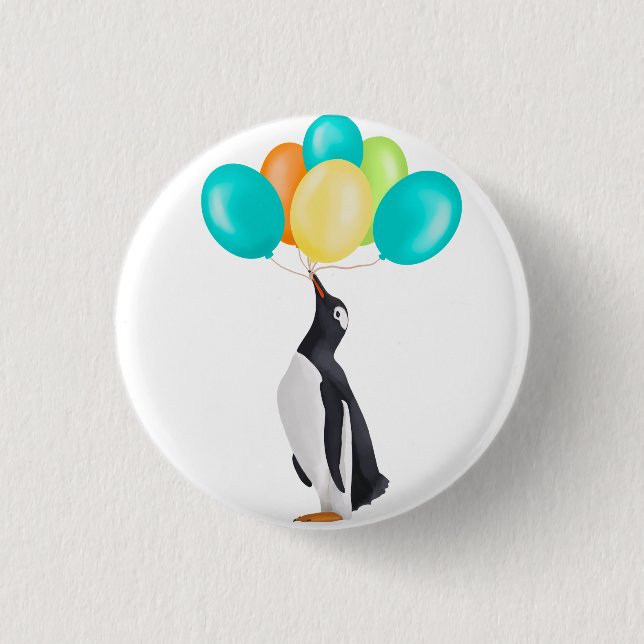 Penguin With Colorful Balloons Button (Front)