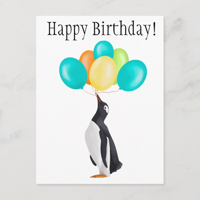 Penguin With Colorful Balloons - Happy Birthday! Postcard (Front)
