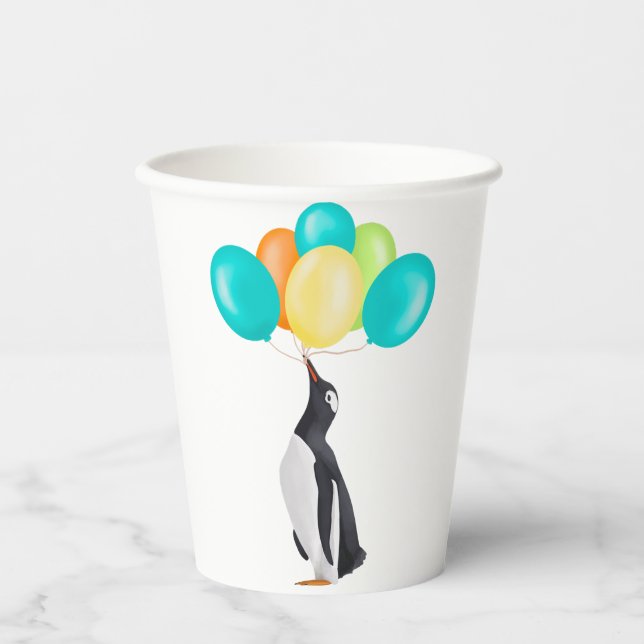 Penguin With Colorful Balloons Paper Cups (Front)