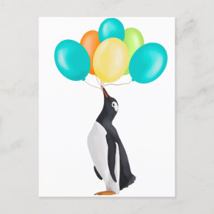 Penguin With Colorful Balloons Postcard
