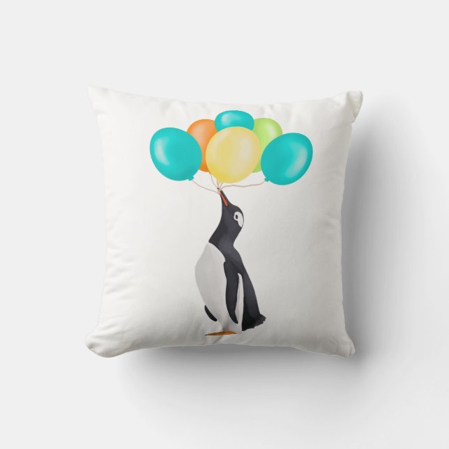 Penguin With Colorful Balloons Throw Pillow (Front)
