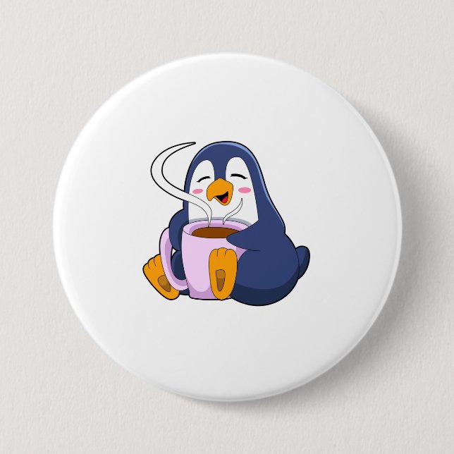 Penguin with Cup of Coffee Button (Front)
