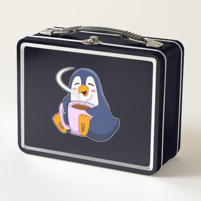 Penguin with Cup of Coffee Metal Lunch Box (Front)
