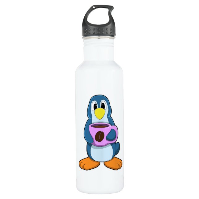 Penguin with Cup of Coffee Stainless Steel Water Bottle (Front)