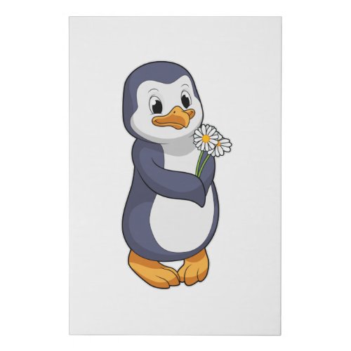 Penguin with Daisy Faux Canvas Print