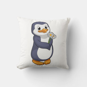 Penguin with Daisy Throw Pillow